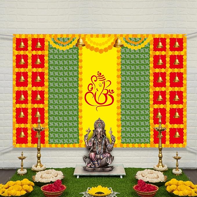 Party Propz Backdrop for Pooja Decoration - 1 Pc Mehndi Decoration Items | Traditional Backdrop | Backdrop Cloth for Decoration | Haldi Decoration Items for Marriage | Backdrop for Pooja Decoration