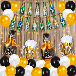 Party Propz Birthday Decoration Items For Husband - 36 Pcs Combo, of Adult Birthday Decoration Items | With Champagne and Cheers Foil Balloon | Birthday Led Lights, Black, Gold, Silver Balloons