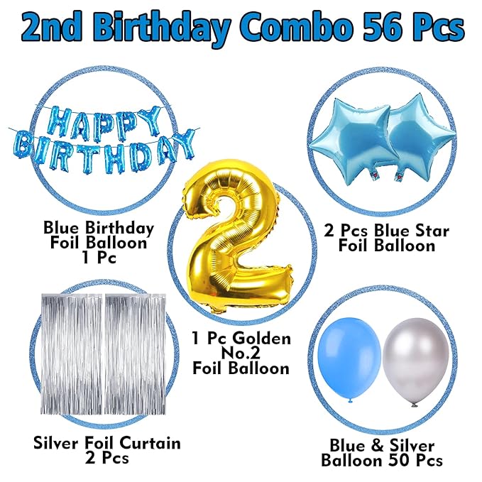 Party Propz 2nd Birthday Decoration Items Blue For Boys - 56Pcs Two Sweet Decoration - material latex, rubber, foil