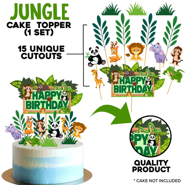 Party Propz Jungle Theme Cake Topper - 15 Pcs, Happy Birthday Cake Topper Jungle Theme | Animal Cake Toppers For Cake Decoration For Kids | Jungle Theme Cake Toppers For Cake Decoration | Cake Toppers