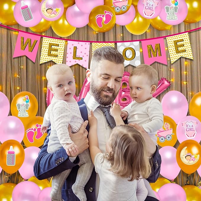 Party Propz Baby Welcome Home Decoration Kit - Set of 58 Pcs, Welcome Baby Girl Decoration Kit | Pink, Golden Balloons For Decoration | Baby Letter Foil Balloon | Welcome Home Baby Decoration