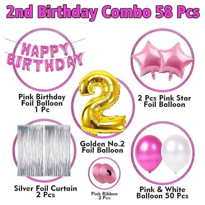 Party Propz 2Nd Birthday Decoration Items For Girls -58Pcs Pink Birthday Decoration With Silver Foil Curtain-2Nd Birthday Party Decorations|Birthday Decorations Kit