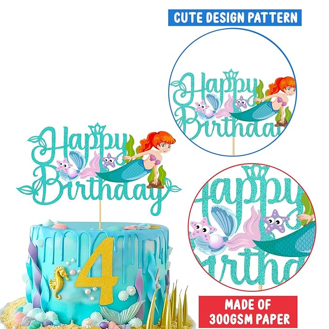 Party Propz 4th Birthday Mermaid Cake Topper - 1 Set Mermaid Theme Birthday Decorations | Little Mermaid Cake Topper | 4th Birthday Decoration for Girls | Mermaid Cake Topper | Cake Toppers For Cake Decoration