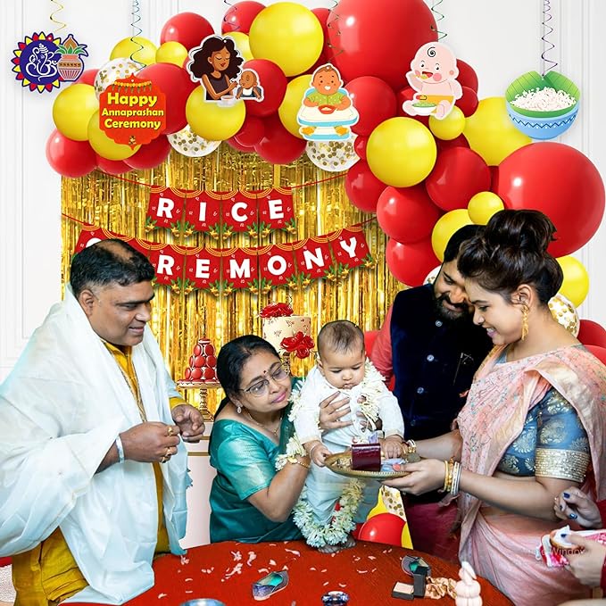 Party Propz Rice Ceremony Decorations Items -49Pcs Baby Annaprashan Decoration Items|Annaprashan/Baptism Swirls|Baby Rice Ceremony Decorations|Annaprashan Banner|Yellow&Red Balloons For Decoration