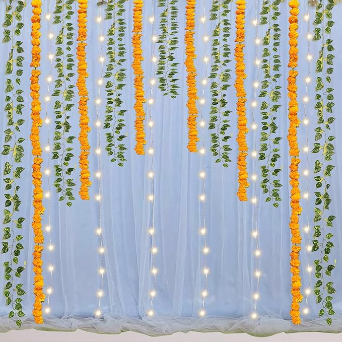 Party Propz Haldi Decoration Items for Marriage - 13 Pcs Backdrop Cloth for Decoration with Blue Net Curtain, Fairy Lights and Flower Garland for Decoration | Mehendi Backdrop Decoration