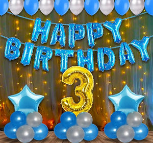 Party Propz 3rd Birthday Decoration Items For Boys With Fairy Lights - 55Pcs material-foil, latex(Blue)