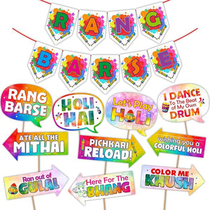 Party Propz Colorful Holi Props Items - Special 11Pcs Multicolor Props for Holi decorations | Holi Decorations Items for Home | Happy Holi Decoration | Rang Barse Banner (Cardstock) | Holi Decor Items