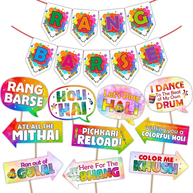 Party Propz Colorful Holi Props Items - Special 11Pcs Multicolor Props for Holi decorations | Holi Decorations Items for Home | Happy Holi Decoration | Rang Barse Banner (Cardstock) | Holi Decor Items
