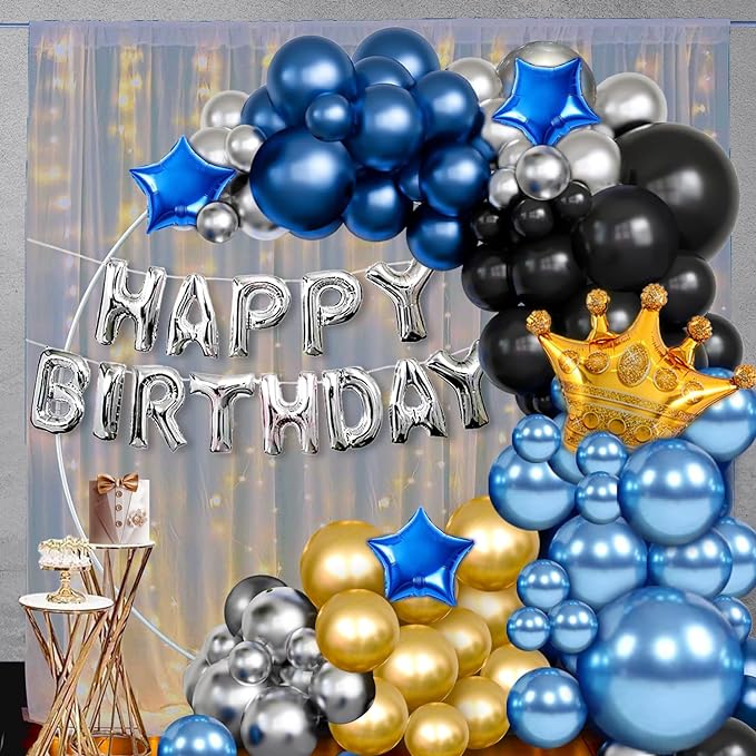 Party Propz Birthday Decoration Items - 50 Pcs, Birthday Decoration Items For Husband | Blue Happy Birthday Decorations For Boys | Birthday Decoration Kit With Lights, Net Curtain