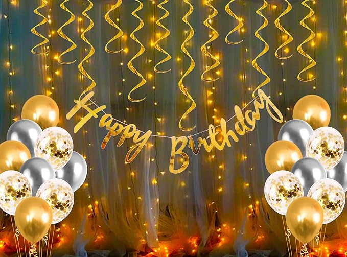 Party Propz Happy Birthday Decoration Kit Combo with Fairy Led Light 29pcs Set Banner, Metallic, Confetti Balloon, Swirls For Boys, Girls, Kids, Wife, Women, 16th, 18th, 21st, 30th Party Supplies