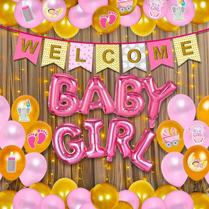 Party Propz Baby Welcome Home Decoration Kit - Set of 58 Pcs, Welcome Baby Girl Decoration Kit | Pink, Golden Balloons For Decoration | Baby Letter Foil Balloon | Welcome Home Baby Decoration