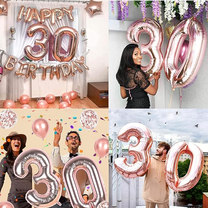 Party Propz Large 30 Number Foil Balloon - 16 Inch, Rose Gold Number Foil Balloon | Thirtieth Birthday and Anniversary Balloon Decoration | RoseGold Foil Balloon for 30th Birthday Decoration Items