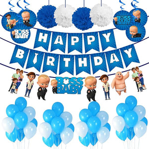 Party Propz Boss Baby Theme Decorations Combo Set - 39Pcs Happy Birthday Banner, Blue White Metallic Balloons, Swirl Decorative, Pom Pom Set for Boys Bday Decorations Items Set/Kids Supplies