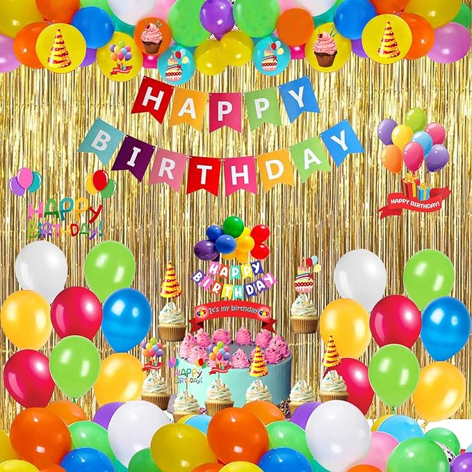 Party Propz Multicolour Birthday Decoration Happy Birthday Decorations Kit for Boys and Girls Multicolour Balloons Cake Topper, Cardstock For Decoration / Multicolour Birthday Decorations Kit - Set of 60