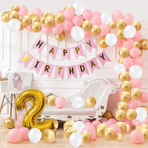 Party Propz 2nd Happy Birthday Balloons Decoration Kit Items Combo Pink Gold White-90Pcs For Kids Girls Adult Men Husband Second Theme Decorations/Foil,Metallic Balloon, Curtain, Banner(cardstock)