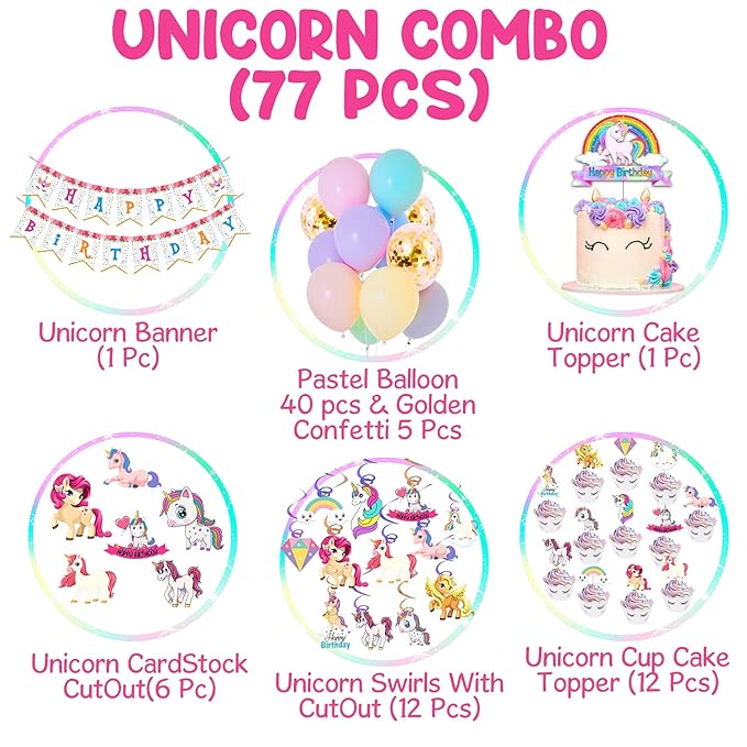 Party Propz Unicorn Theme Birthday Decorations Items Combo Set-77Pcs Kit With Happy Birthday Bunting,Cardstock,Cake Topper Pastel Balloons- Kit For Girls/Unicorn Birthday Decorations