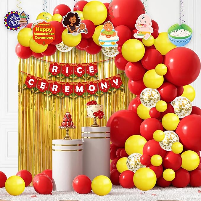 Party Propz Rice Ceremony Decorations Items -49Pcs Baby Annaprashan Decoration Items|Annaprashan/Baptism Swirls|Baby Rice Ceremony Decorations|Annaprashan Banner|Yellow&Red Balloons For Decoration