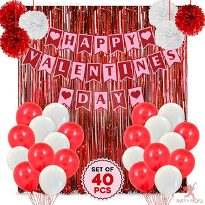 Party Propz Valentine Decoration - 40Pcs Valentines Day Decoration kit with Red Foil Curtain Happy Valentine Day Banner (cardstock) Red & White Decoration Pompom And Red Latex Balloons
