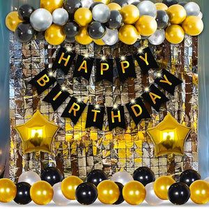 Party Propz Happy Birthday Letters Banner(cardstock) Metallic Balloons Foil Curtain Glue Dot Led Light Decoration Kit -47Pcs for Adult, Kids, Boy, Girl, 25th, 30th, 40th, 50th Party Supplies