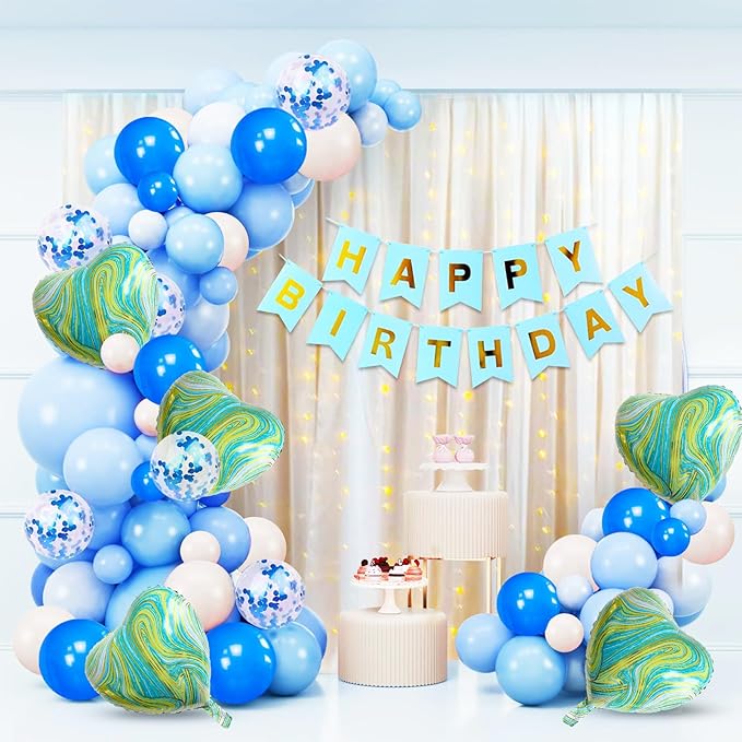 Party Propz Blue Happy Birthday Decoration Combo - Set of 44Pcs Birthday Decoration Kit | Balloon Decoration for Birthday with Blue Marble Heart Foil Balloons | White Net Curtain with Led Light