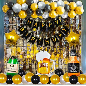 Party Propz Happy Birthday Letters Banner (cardstock) with Foil - Metallic Balloons Foil Curtain Glue Dot Led Light Decoration Kit -50Pcs Set for Adult, 25th, 30th, 40th, 50th Party Supplies