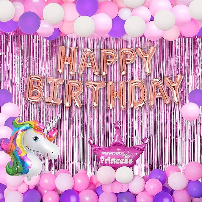 Party Propz Unicorn Birthday Decorations For Girls - 34 Pcs Combo, Unicorn Theme Birthday Decorations Kit | Unicorn Birthday Decoration Items For Girl With Foil, Metallic Balloons, Fringe Foil Curtain