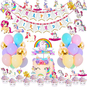 Party Propz Unicorn Theme Birthday Decorations Items Combo Set-77Pcs Kit With Happy Birthday Bunting,Cardstock,Cake Topper Pastel Balloons- Kit For Girls/Unicorn Birthday Decorations