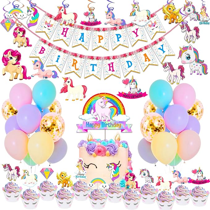 Party Propz Unicorn Theme Birthday Decorations Items Combo Set-77Pcs Kit With Happy Birthday Bunting,Cardstock,Cake Topper Pastel Balloons- Kit For Girls/Unicorn Birthday Decorations