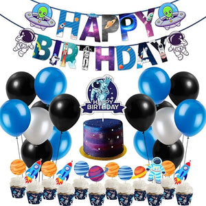 Party Propz Space Theme Birthday Decoration - Large 52 Pcs | Metallic Blue Black Balloons | Happy Birthday Banner(cardstock) | Cake Topper, Cup Cake Toppers for Kids | Theme Party Supplies Space Kit