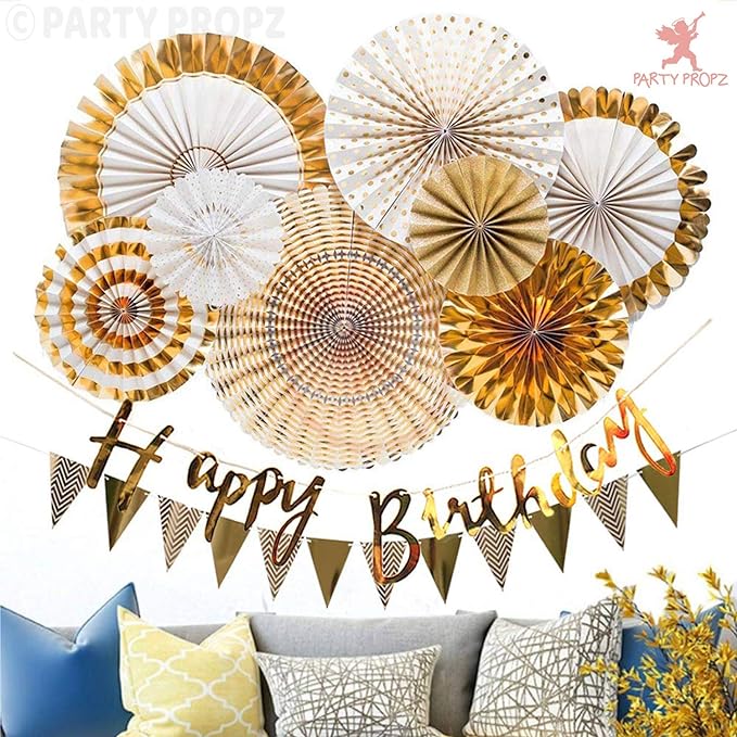 Party Propz Paper Fans Decoration Set- 8 Pcs Pack | Golden Paper Fans | Decorative Items For Party | Flower Hanging Fan | Paper Fan For Craft Golden | Anniversary, Wedding, Birthday Decoration Items