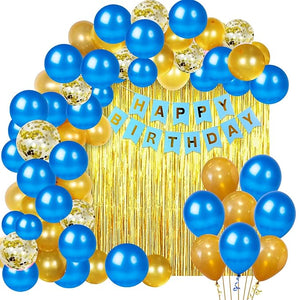 Party Propz Blue Happy Birthday Decoration Kit Combo - 46pcs Birthday Bunting Golden Foil Curtain Metallic Confetti Balloons With Hand Balloon Pump And Glue Dot for Boys Adult Husband Grand Father Dad