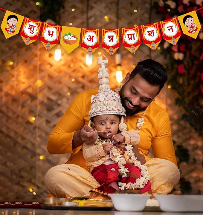 Party Propz Baby Rice Ceremony Decorations Items - Shubh Annaprashan Banner | Annaprashan Decoration Items | Rice Ceremony Banner | Annaprashan Decoration Backdrop | Rice Feeding Ceremony (Cardstock)