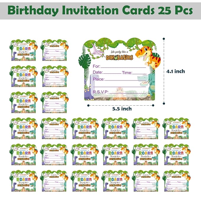 Party Propz Birthday Invitation Cards - 25Pcs, Childrens Birthday Invitation Cards | Jungle Theme Invitation Card For Birthday Boy, Girl | Dinosaur Invitation Cards For Kids Party | Happy Birthday Invites