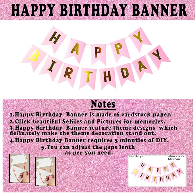 Party Propz Happy Birthday Decorations For Girls - 34 Pcs Pink Happy Birthday Decoration For Girls|Pink And Golden Balloons For Birthday Decoration|Happy Birthday Bunting|Foil Curtain For Girls, Women