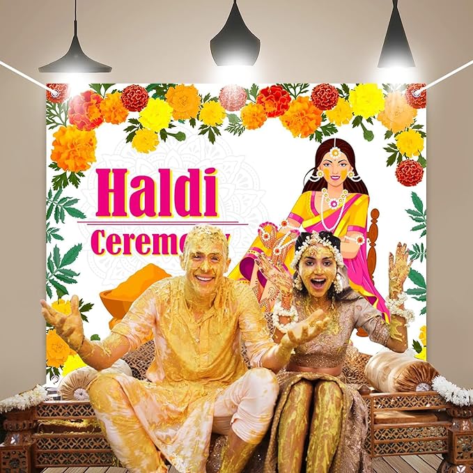 Haldi Backdrop Decoration Cloth - Backdrop Cloth for Decoration (4x5 Ft) | Haldi Decoration Items for Marriage | Haldi Ceremony Decoration | Haldi Banner for Decoration | Wedding Decoration Items