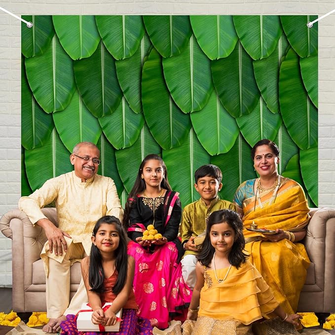 Party Propz Banana Leaf Curtain Backdrop Decoration - (8*5ft) Backdrop for Pooja Decoration | Banana Leaf Backdrop Decoration | Backdrop Cloth for Decoration | Traditional Background for All Festival