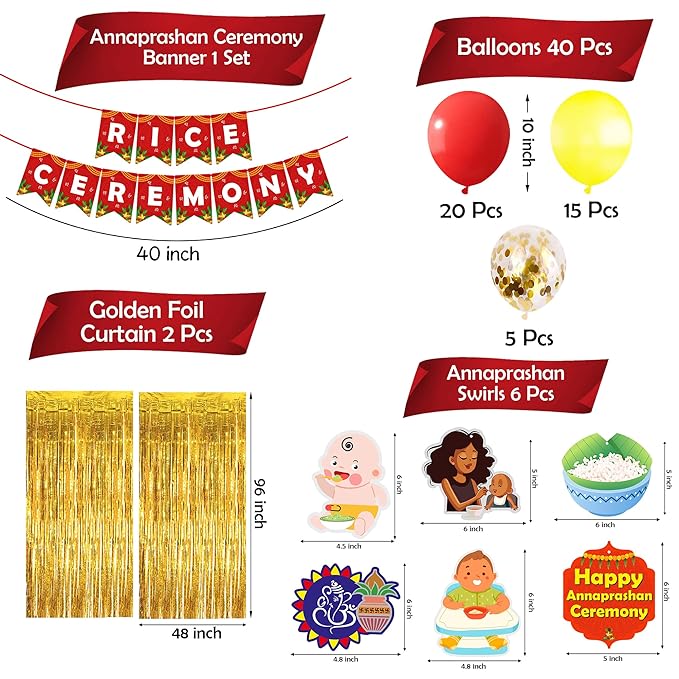 Party Propz Rice Ceremony Decorations Items -49Pcs Baby Annaprashan Decoration Items|Annaprashan/Baptism Swirls|Baby Rice Ceremony Decorations|Annaprashan Banner|Yellow&Red Balloons For Decoration