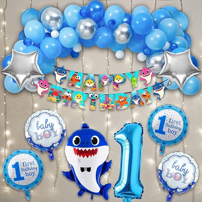 Party Propz Baby Shark Theme Birthday Decorations - 55Pcs, Multicolor Balloons | Baby Shark Birthday Decorations | Birthday Decoration Items For Girl | Shark Foil Balloons | Birthday Decoration Kit