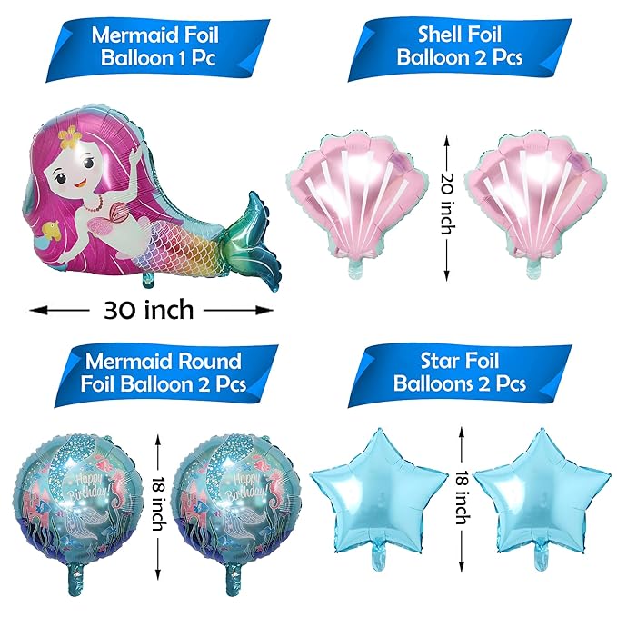 Party Propz Mermaid Foil Balloons-Set Of 7 Pcs Foil Balloons For Birthday Decorations|Mermaid Theme Foil Balloons For Decoration|Birthday Decorations|Birthday Decorations For Girls,Multicolor