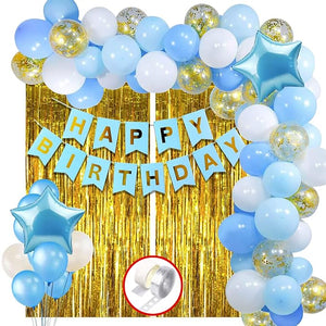 Party Propz Blue Happy Birthday Decoration Items Kit Combo Set Birthday Banner (cardstock) Golden Foil Curtain Metallic Confetti Balloons With Hand Balloon Pump And Glue Dot - 60 pieces