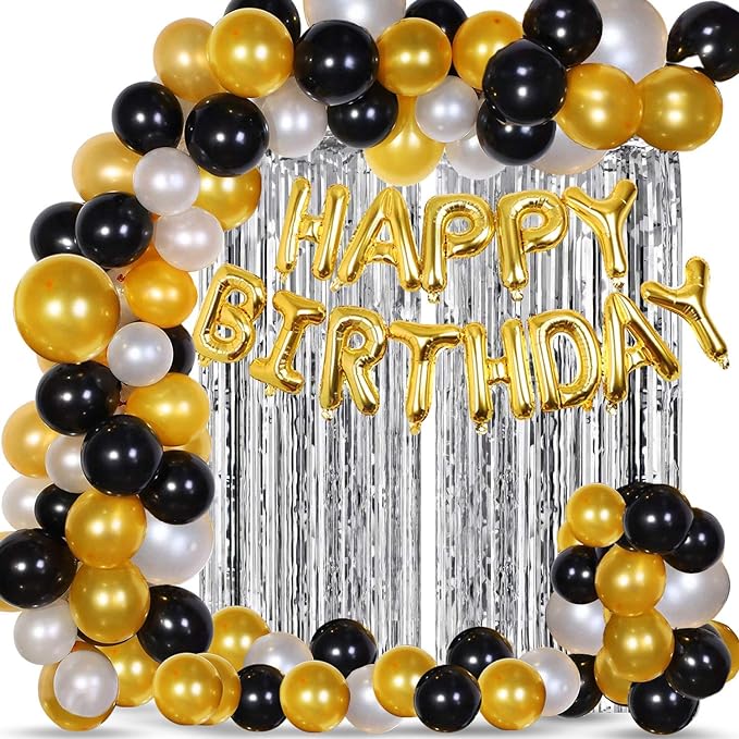 Party Propz Birthday Decoration Kit- 53Pcs Birthday Decoration Items | Golden, Black, Silver Balloons | Happy Birthday Decoration | Birthday Decoration Items for Boy | Birthday Foil Banner (cardstock)