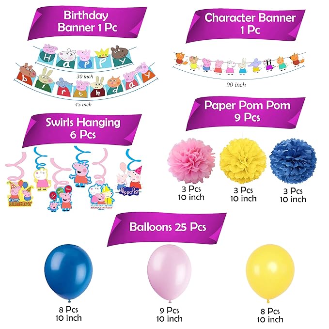 Party Propz Peppa Theme Birthday Decoration - Pack Of 42Pcs, Birthday Decoration Kit For Boys | Kids Birthday Decoration Items | Peppa Theme Birthday Decoration Items