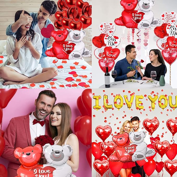 Party Propz Anniversary Decoration Items - Pack of 11Pcs, I Love You Foil Balloons for Anniversary Decoration | Love Teddy Foil Balloons & Red Heart Foil Balloons for Girlfriend | Birthday Decoration