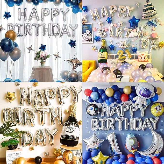 Party Propz Happy Birthday Silver Foil Balloon Decoration - 1 Set Silver Colour Alphabet Happy Birthday Balloon With Glue Dot For Kids, Men, Wife, Husband, Boys Birthday Party Decorations