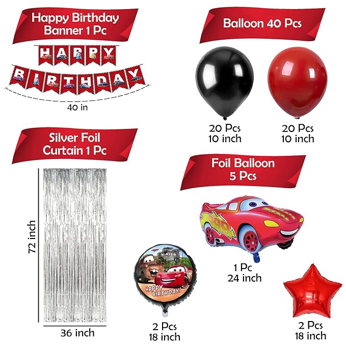 Party Propz Car Theme Birthday Decorations for Boys - 47 Pcs Mcqueen Car Birthday Theme | Birthday Decoration Items for Boys | Birthday Decoration Kit for Boys | Red Birthday Decorations for Kids