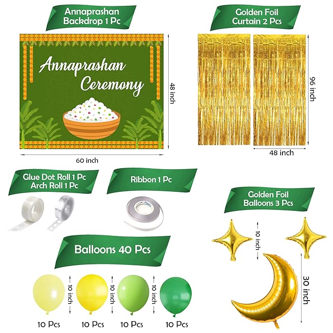 Party Propz Rice Ceremony Decoration- 49pcs Annaprashan Decoration Items | Baby Rice Ceremony Decorations | Annaprasana Decoration Backdrop | Annaprashan Ceremony Decoration | With Golden Foil Balloon