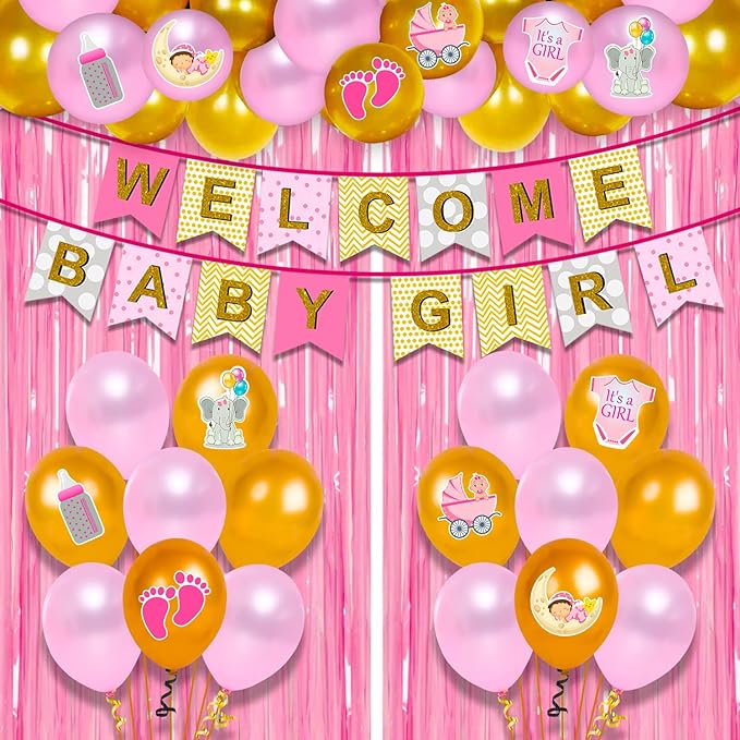 Party Propz Baby Girl Welcome Home Decoration -Set of 56 Pcs Welcome Home Baby Decoration Kit Balloon | Welcome Birthday Supplies | Welcome Baby Girl Decoration | Baby Girl Banner(cardstock)