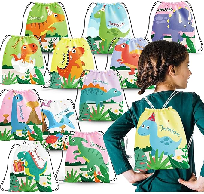 Party Propz Dinosaur Drawstring Bags for Return Gifts - 12Pcs Drawstring Bag for Kids Return Gift/Dinosaur Bags for Kids