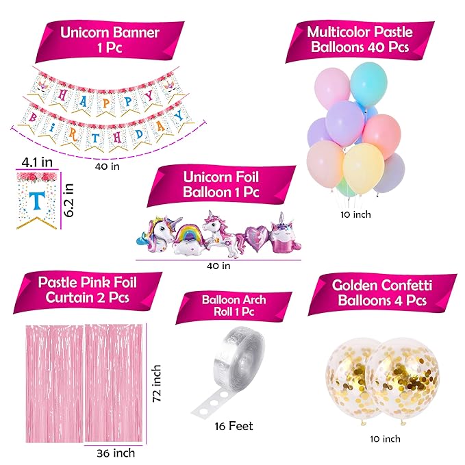 Party Propz Unicorn Theme Birthday Decorations Kit-Cute 49 Pcs|Unicorn Foil Balloons For Happy Birthday|Unicorn Birthday Decorations For Girls|Birthday Decoration For Kids,Multicolor