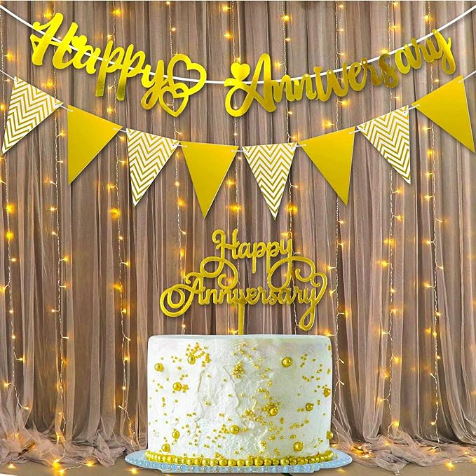 Party Propz Golden Anniversary Decoration Items - 4Pcs Wedding Anniversary Decoration | Happy Anniversary Banner | Happy Anniversary Cake Topper | Anniversary Decoration for Couple, Boyfriend, Husband